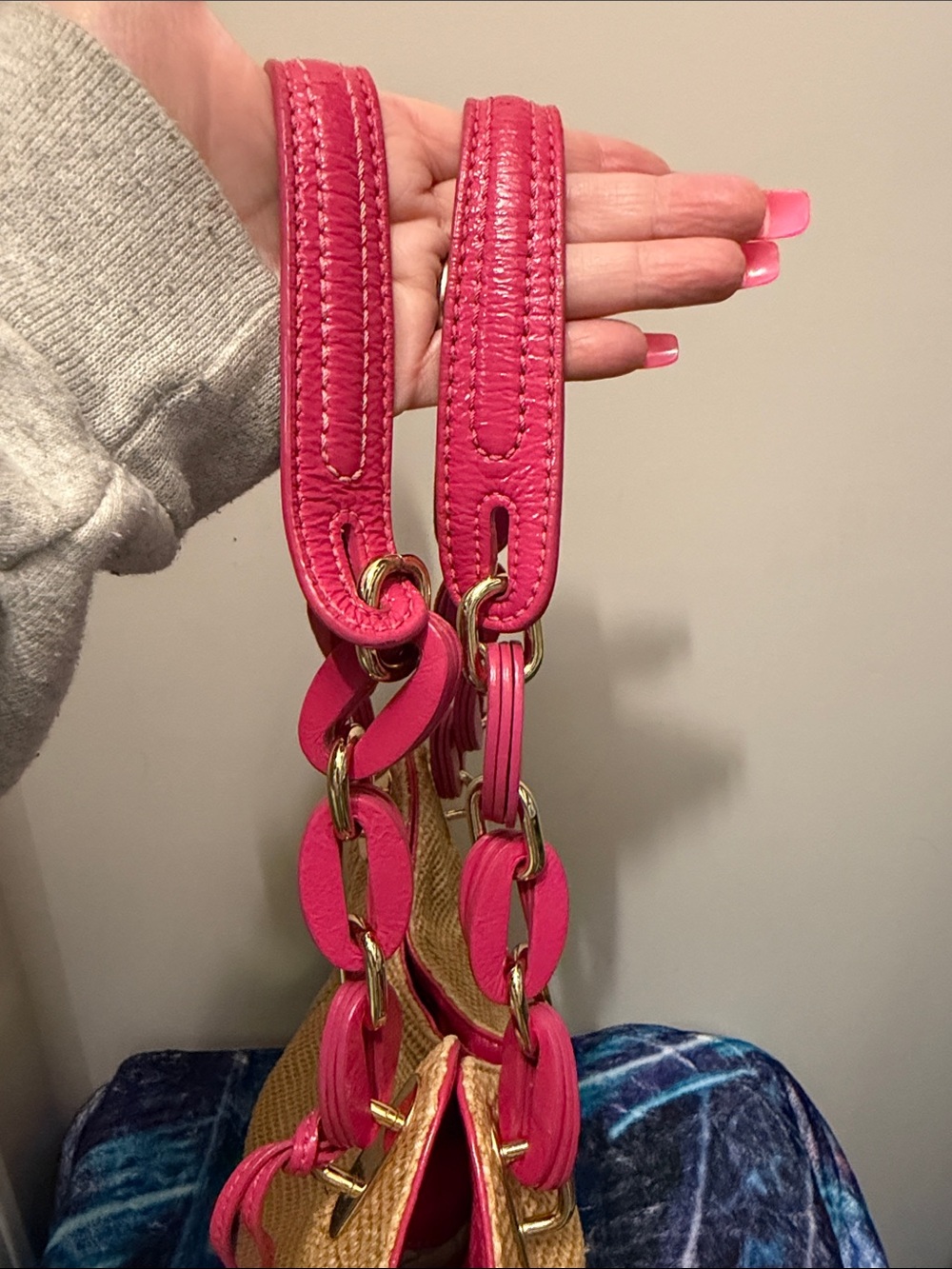 Michael Kors Straw Shoulder Tote with Pink Trim and Gold Hardware - Picture 13 of 15